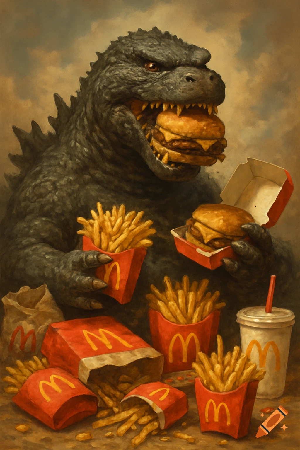 Godzilla eating hamburgers and french fries from McDonald's