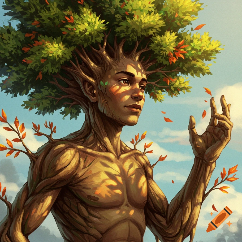 A hybrid tree and human creature with falling leaves against a sky background.