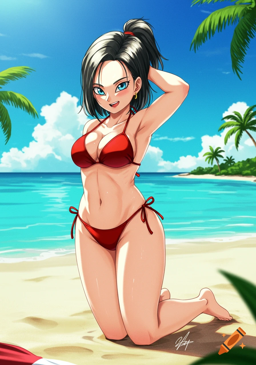 Anime girl in a red bikini kneeling on a sunny beach