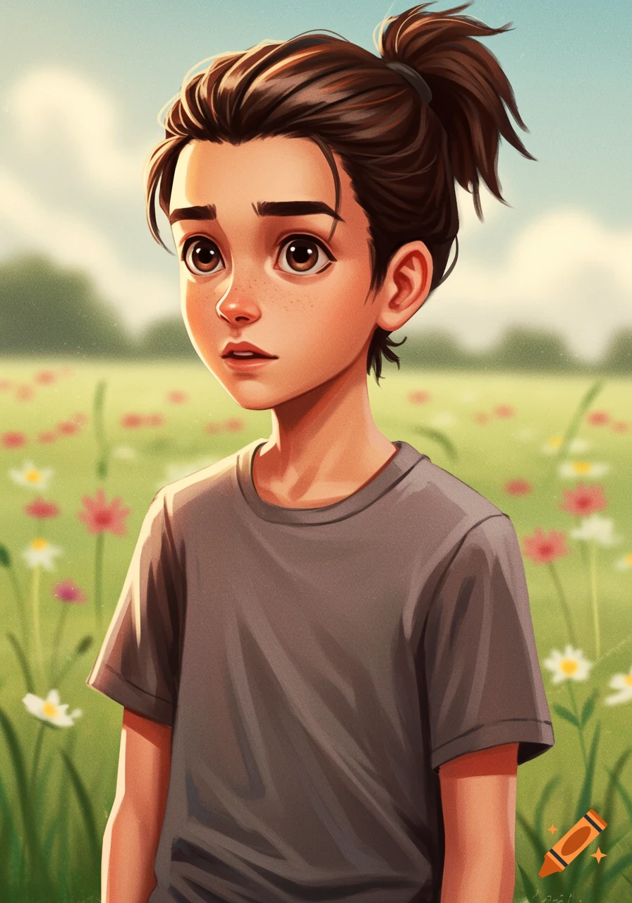 Portrait of a young boy with a ponytail in a field of flowers.
