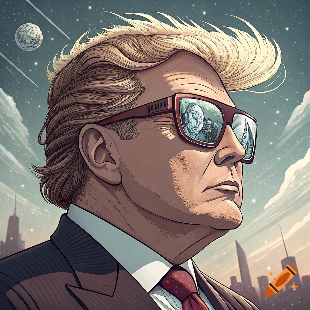 Stylized portrait of a man with large hair and red-rimmed glasses, reflected figures in glasses, against a starry sky and city skyline.