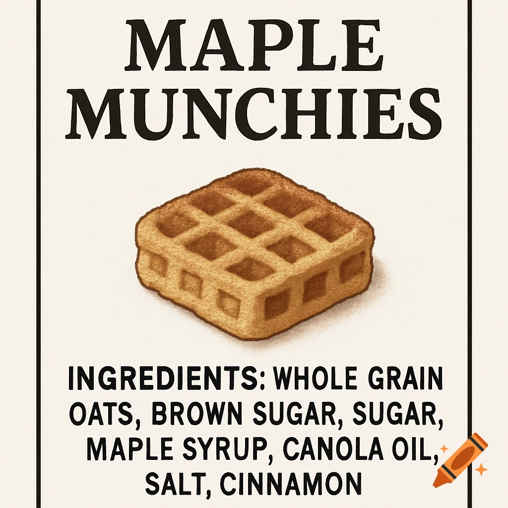 Illustration of a waffle with text reading 'Maple Munchies' and ingredients list.
