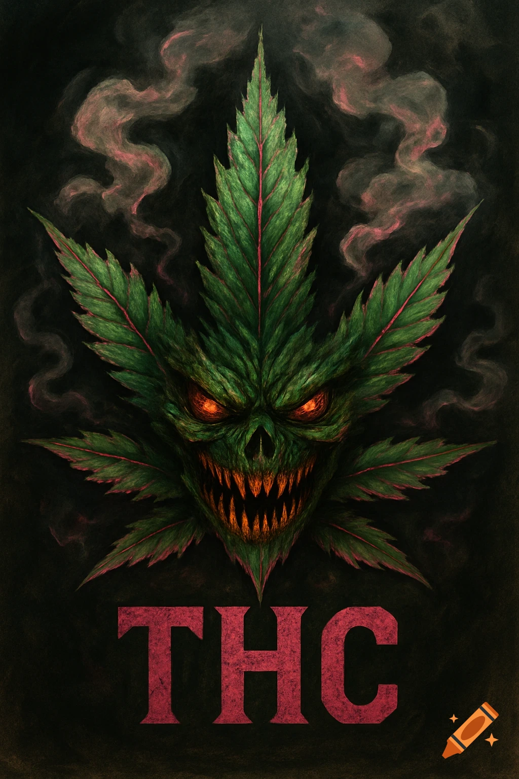 Menacing marijuana leaf monster with glowing eyes and sharp teeth and pink smoke, text 'THC' below, dark illustration.