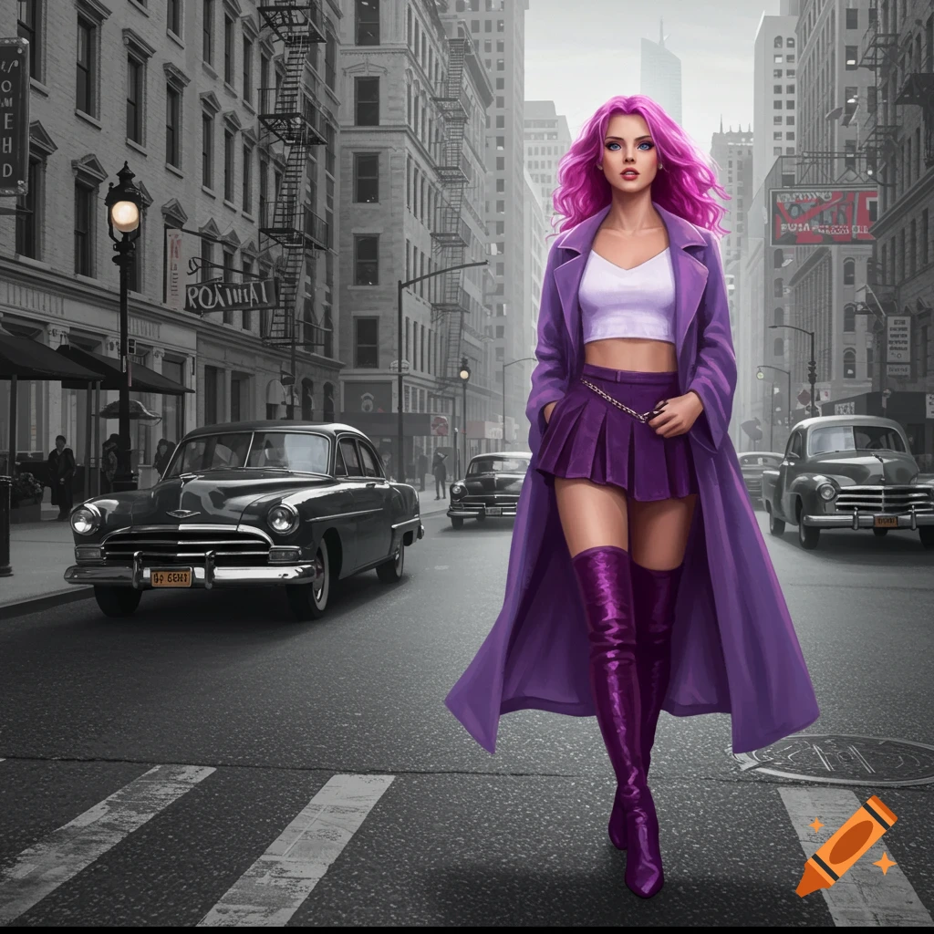 A woman with pink hair in a purple coat, skirt, and boots is walking on a black and white street with 1950s cars.