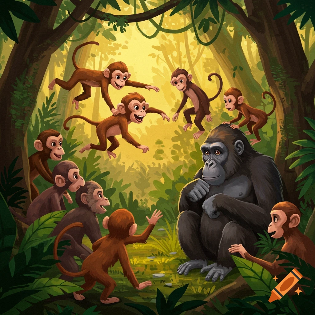 A group of cartoonish monkeys interacts with a large gorilla in a jungle clearing. Digital illustration.