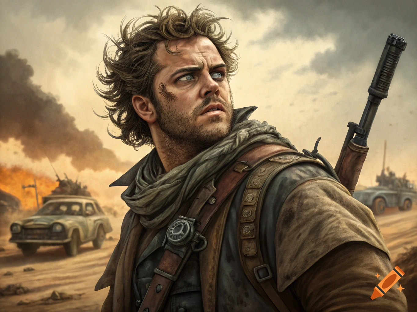 A man in a wasteland wears worn clothes and carries a rifle, looking determined as vehicles pass behind him.