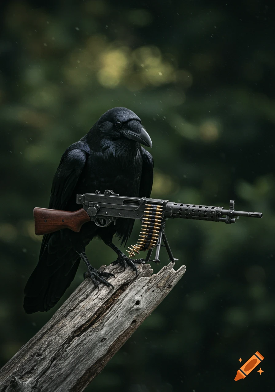 A photorealistic image of a black raven holding a machine gun while perched on a tree stump.