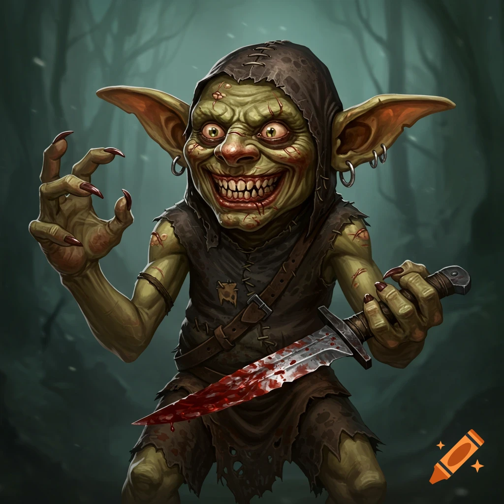 Illustration of a crazed goblin holding a bloody knife in a forest.