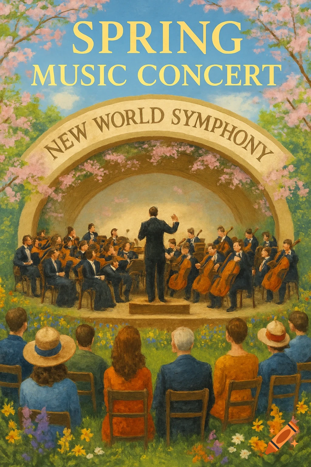 An outdoor orchestra concert with blooming trees titled 'Spring Music Concert New World Symphony'.