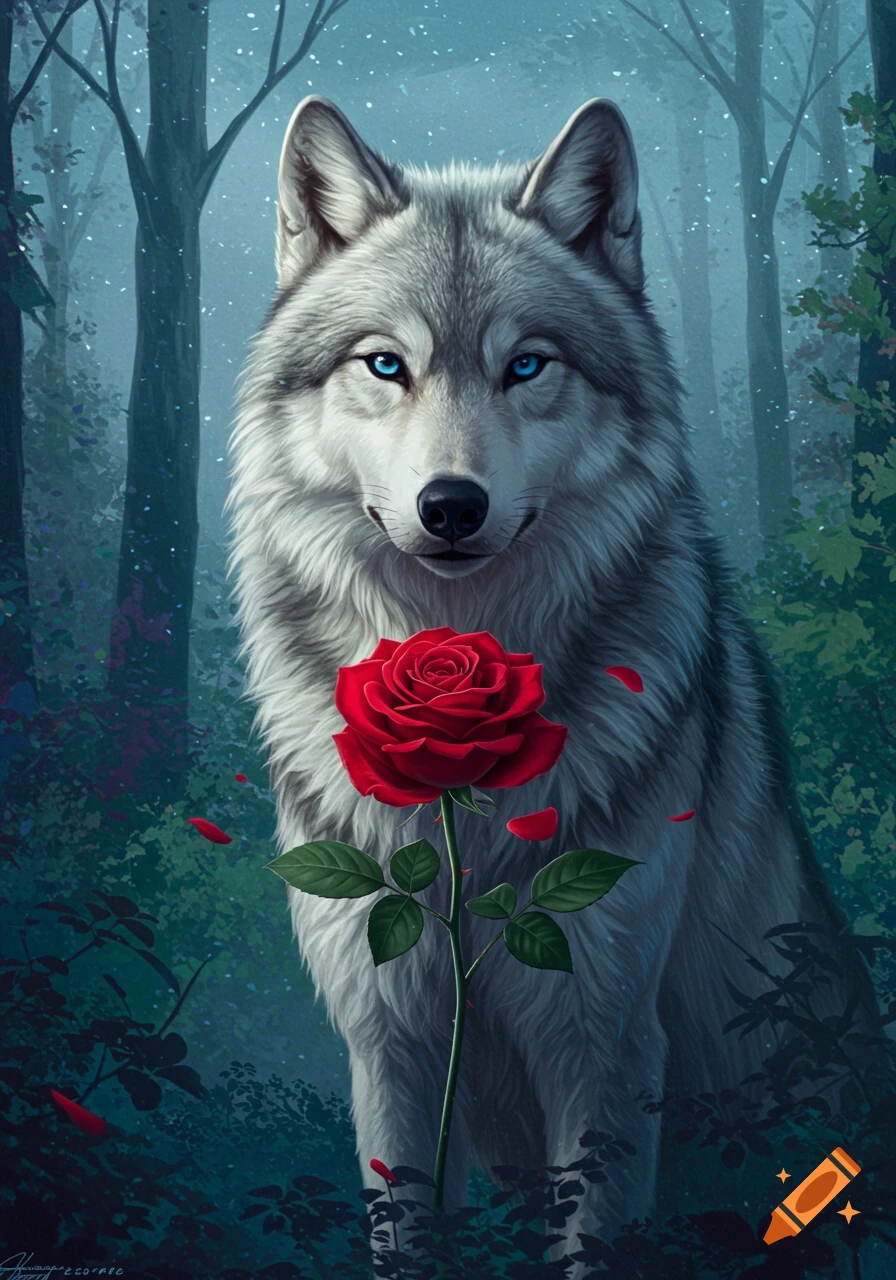 A wolf in a forest holds a red rose