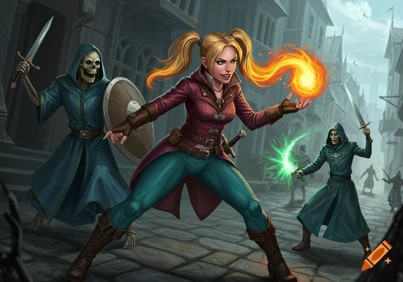 A female rogue casts fire magic while a skeleton companion fights a mage in a fantasy street scene.
