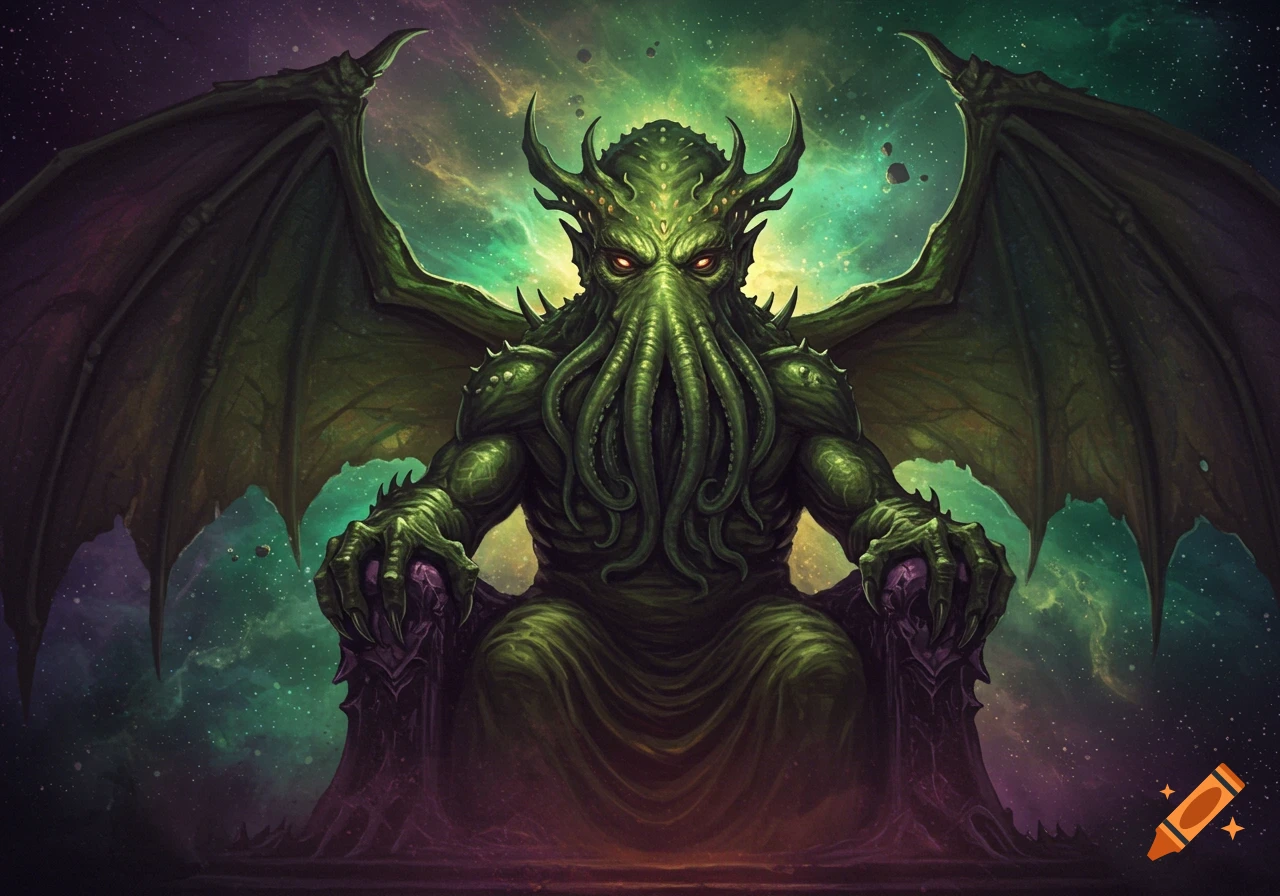 Cthulhu sitting on a throne in space.