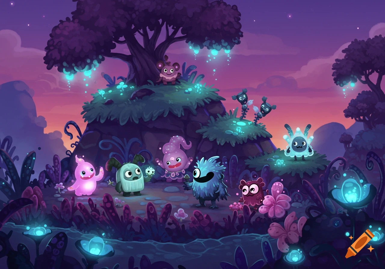 Cute cartoon monsters in a fantasy landscape with glowing plants.