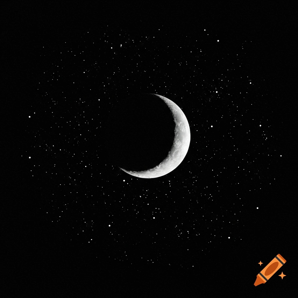 A crescent moon and many stars against a black night sky.