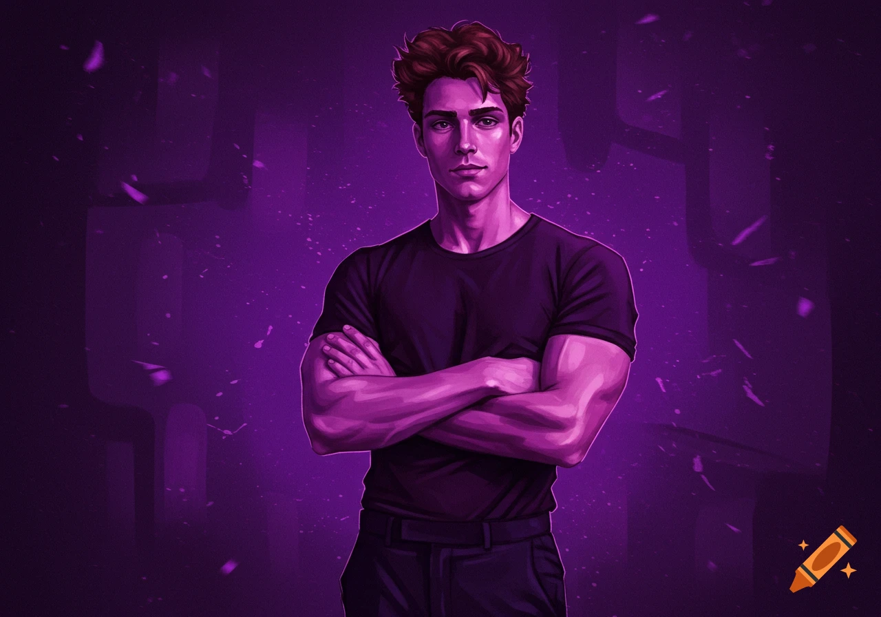 A man with brown hair and crossed arms stands in a purple setting.
