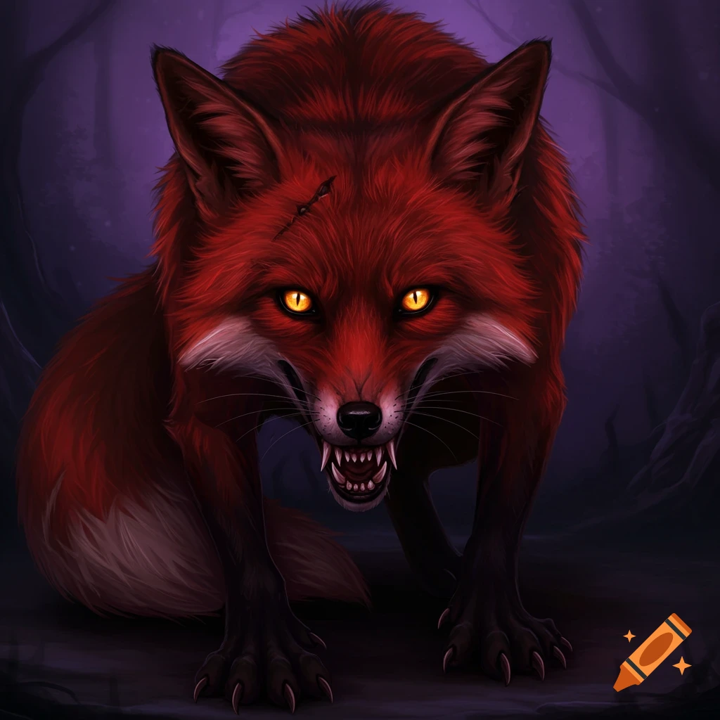 A fierce red fox with glowing yellow eyes and bared teeth.
