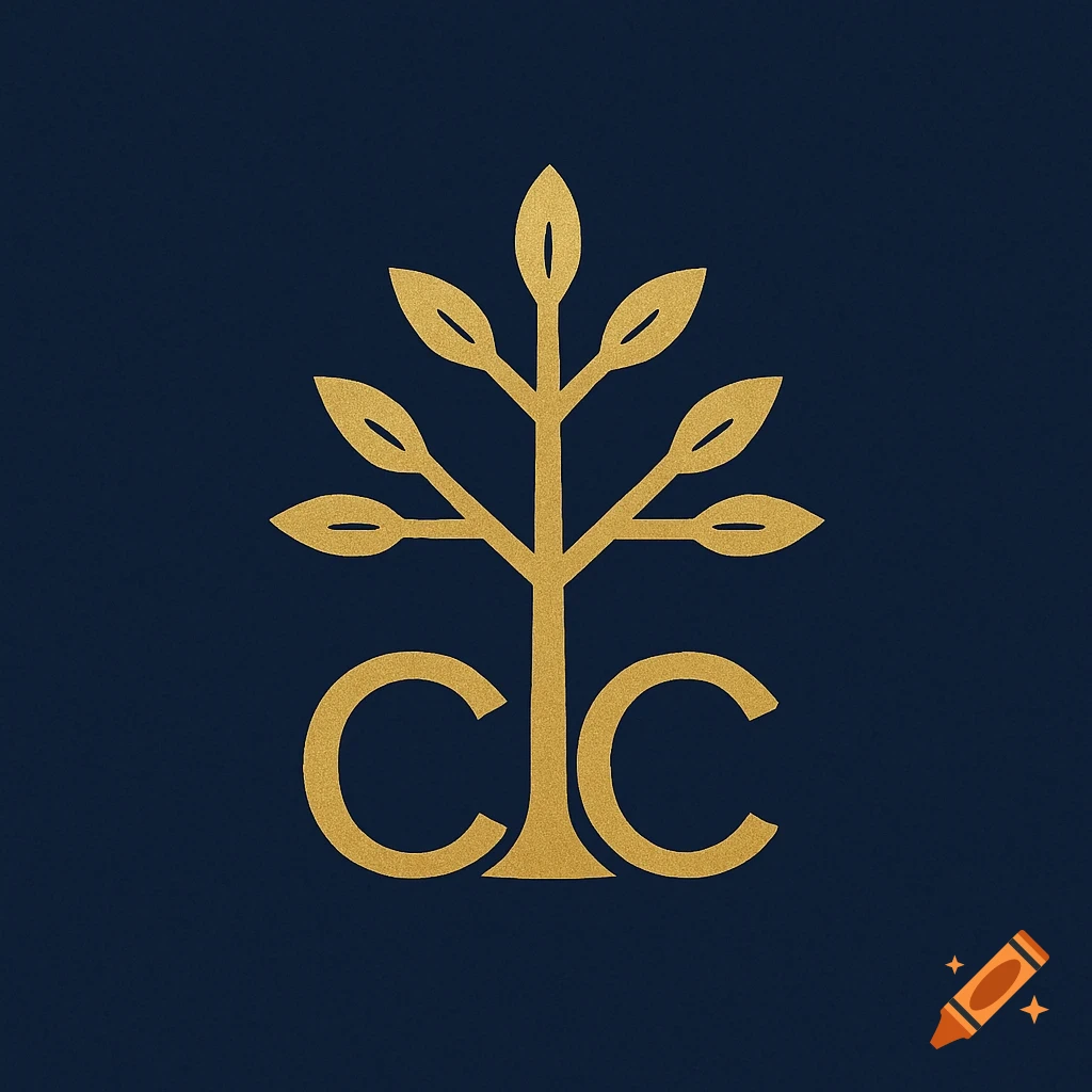 Gold tree logo with a base formed by two C shapes on a navy blue background.
