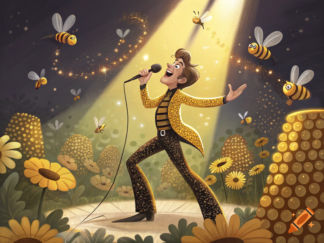Cartoon man in sparkly outfit singing on stage with bees and flowers
