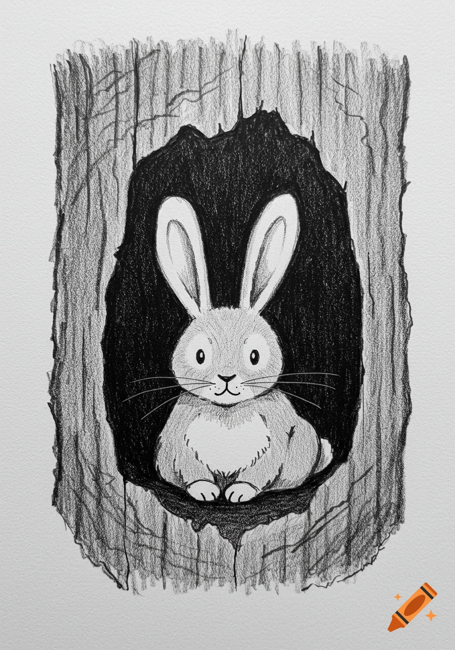 A simple black and white sketch of a rabbit sitting inside a hollow tree trunk.