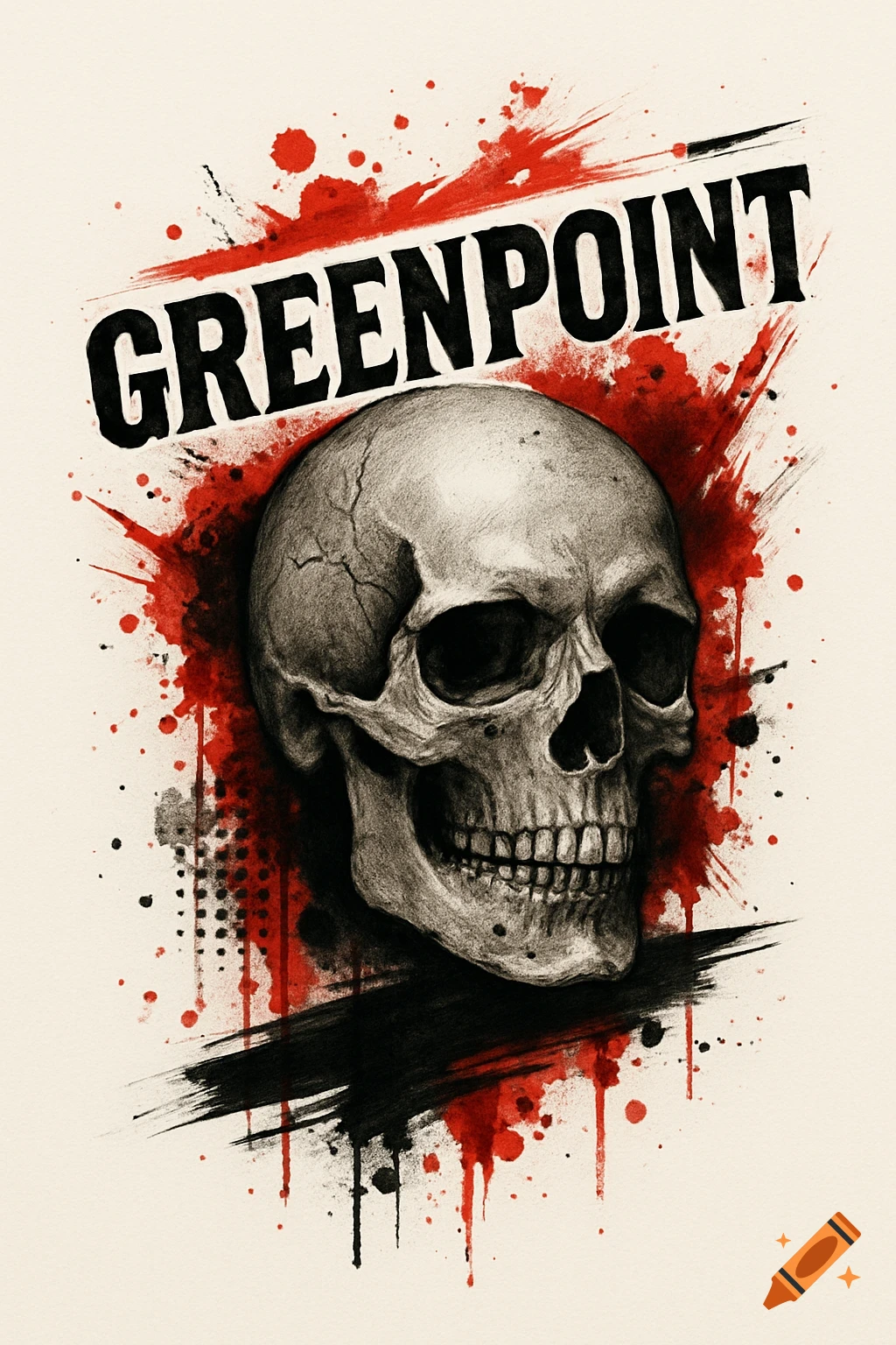 Trash polka style depicting a skull, red splatters, black brush strokes, and the text GREENPOINT