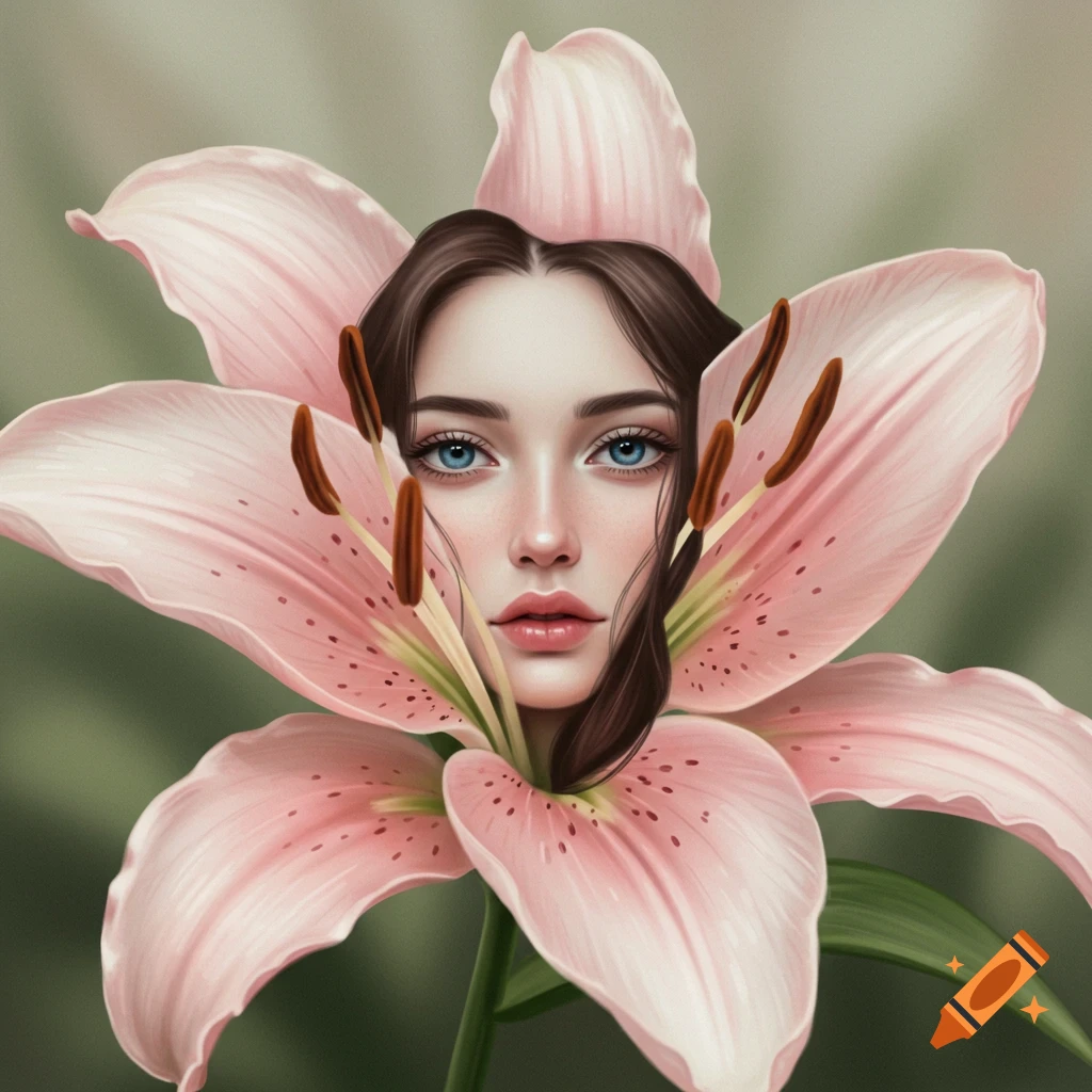 The face of a woman is integrated into the center of a pink lily flower.