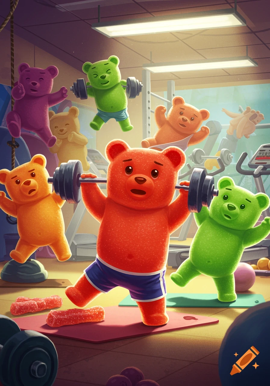 Cartoon gummy bears working out in a gym, lifting weights and exercising.