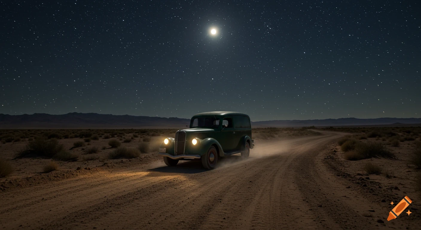 A vintage green panel truck drives on a dirt road through a desert landscape at night under a starry sky and full moon.