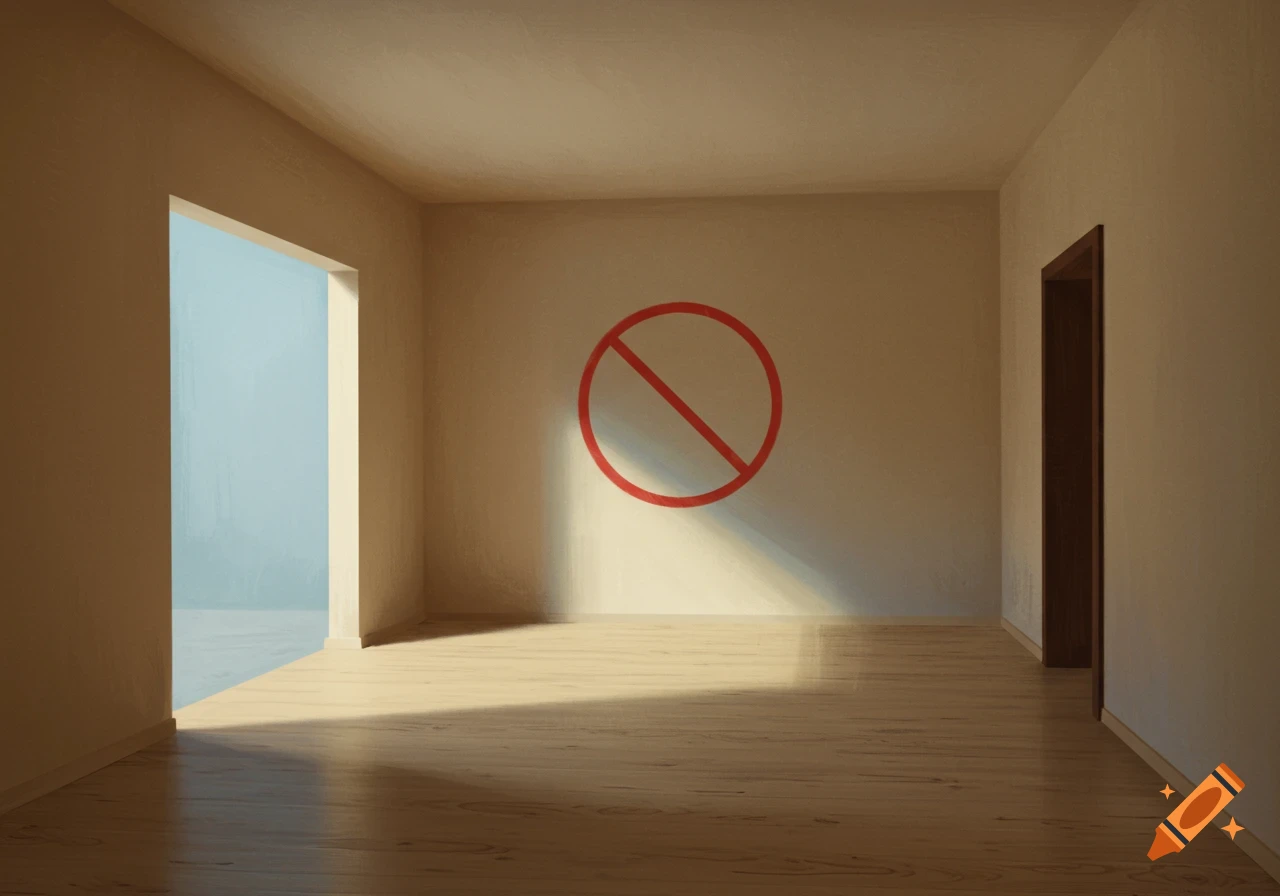 An empty room with a red prohibition symbol on the wall and sunlight.