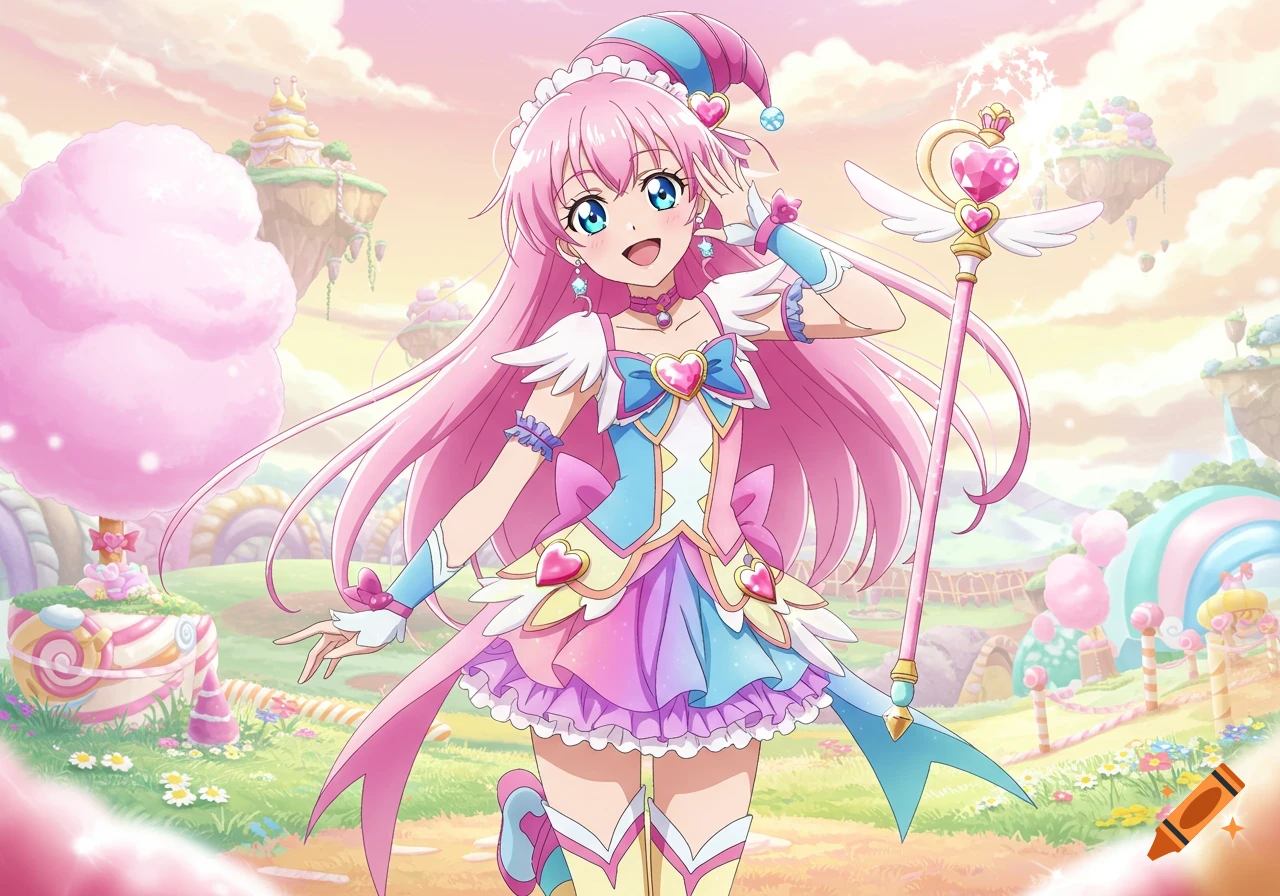 Anime magical girl in a colorful fantasy land of sweets