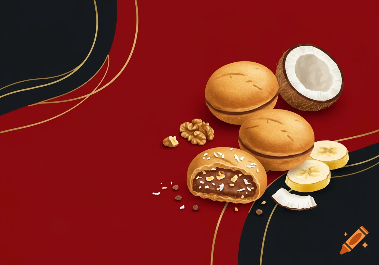 Graphic design of cookies, walnuts, coconut, and banana slices on a red and black background with gold lines.