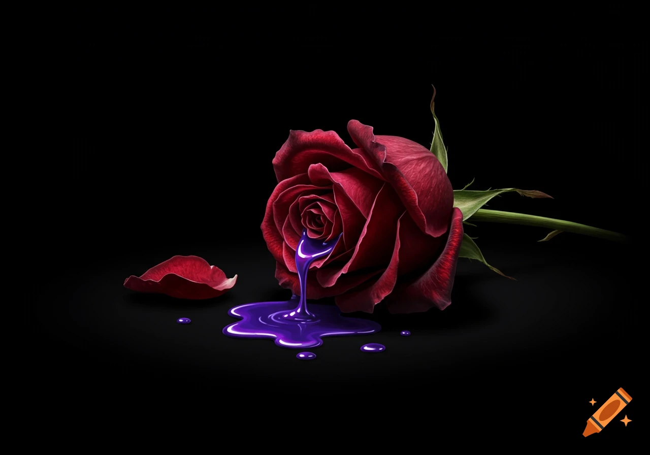 A red rose spills purple liquid on a black background