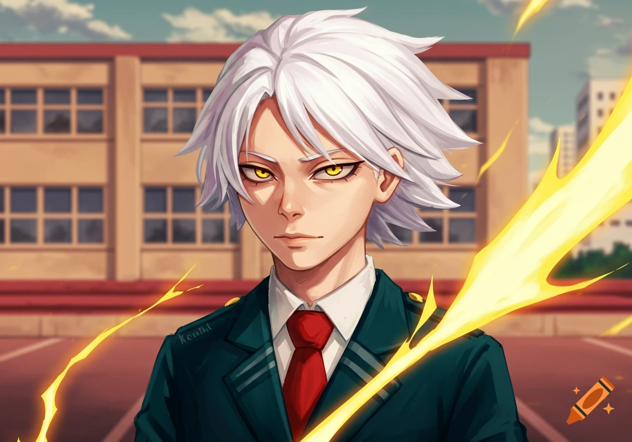 Anime character with white hair and yellow eyes in school uniform with yellow energy effects