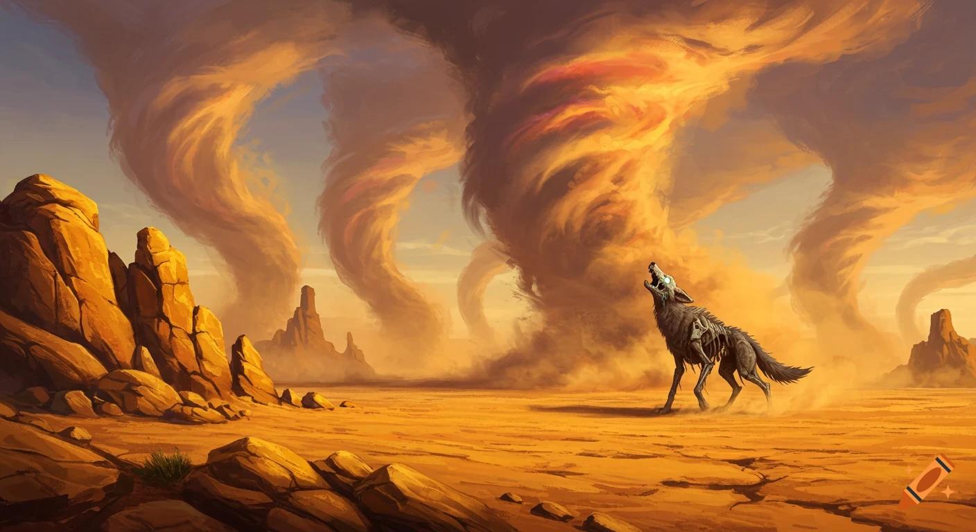 A zombie coyote howling among rocks and dust devils in a desert