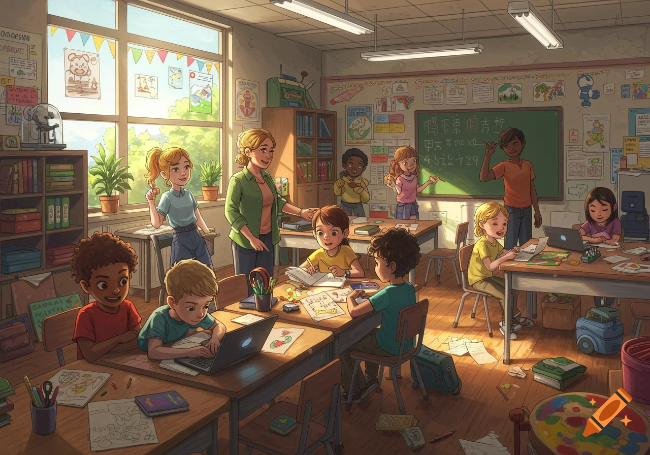 A vibrant image shows a diverse group of students and a teacher in a bright classroom, learning together.