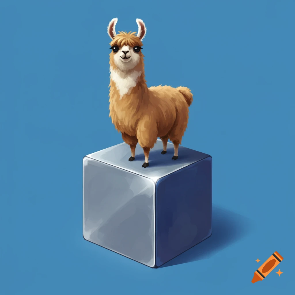 Cartoon llama standing on a shiny cube.