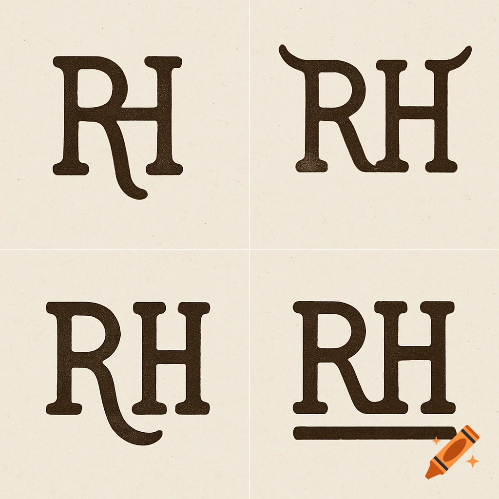 Four variations of the initials RH in a rustic cattle brand style.