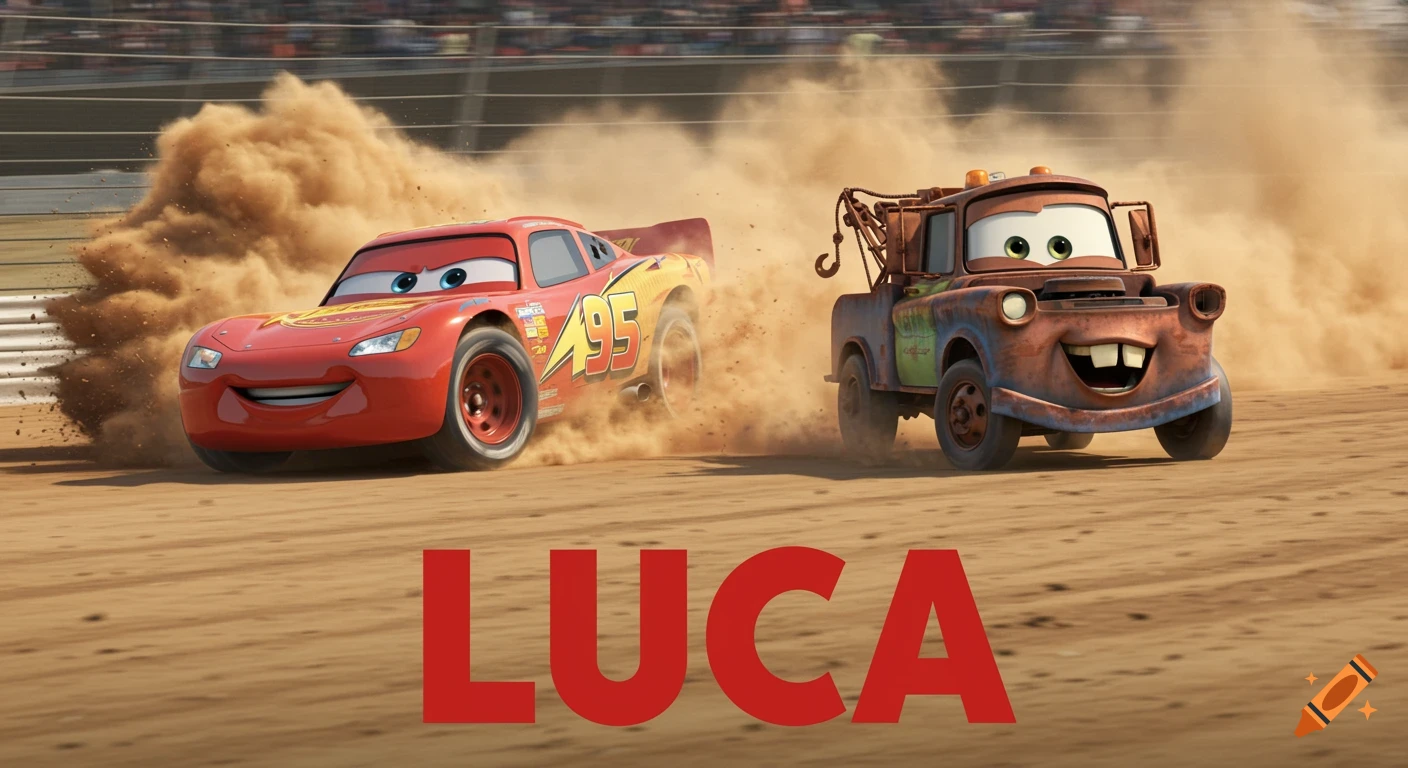 Lightning McQueen and Mater on a dusty racetrack with the text 'LUCA' below.