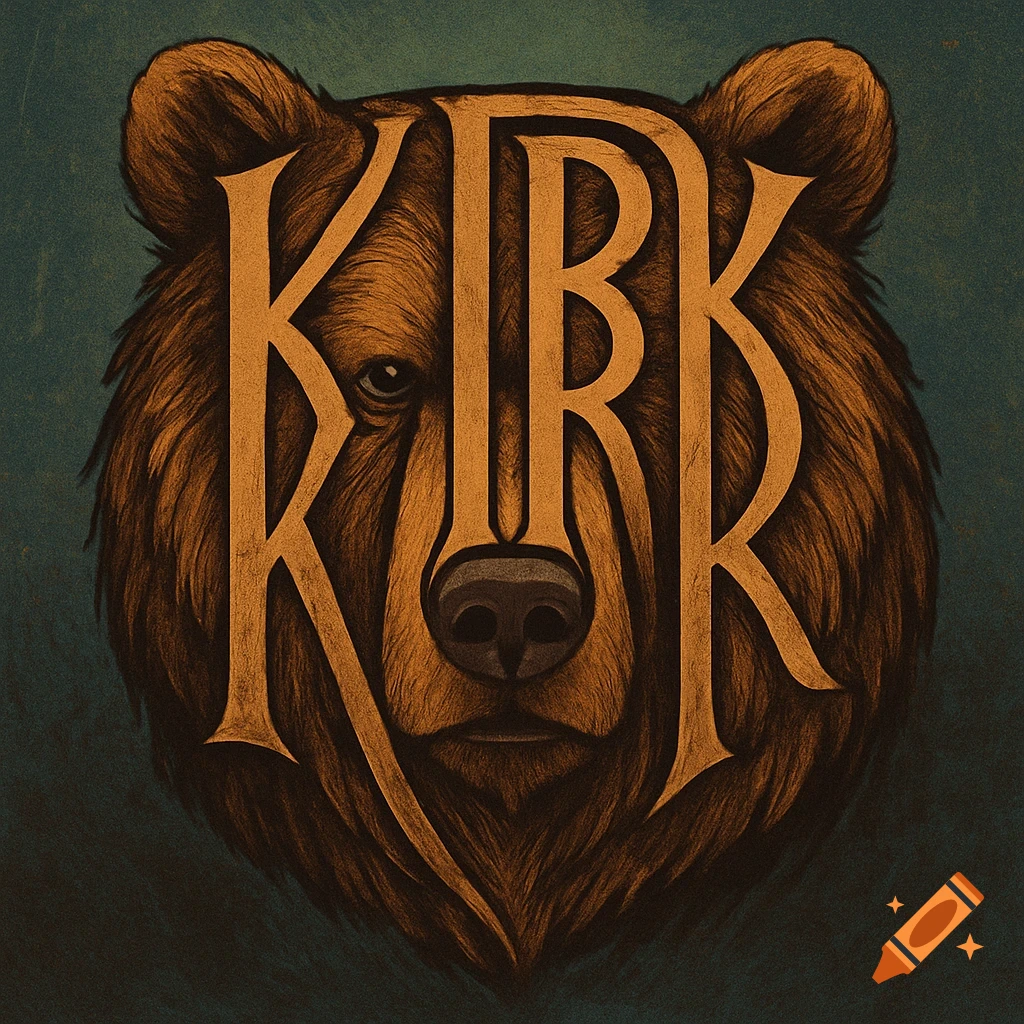 Face of a bear made of the letters KIRK