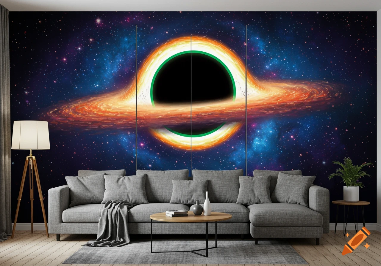 A living room with a black hole mural on the wall.