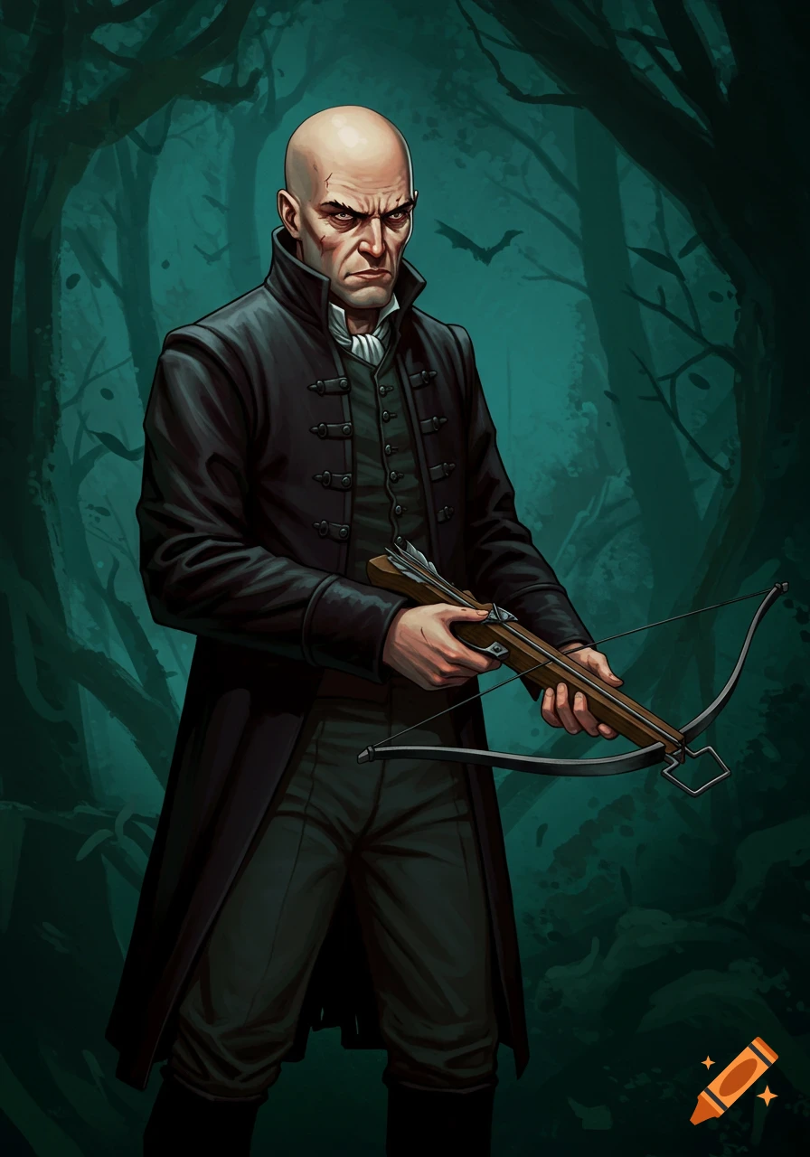 A bald man resembling Van Helsing, holding a hand crossbow in a dark forest.