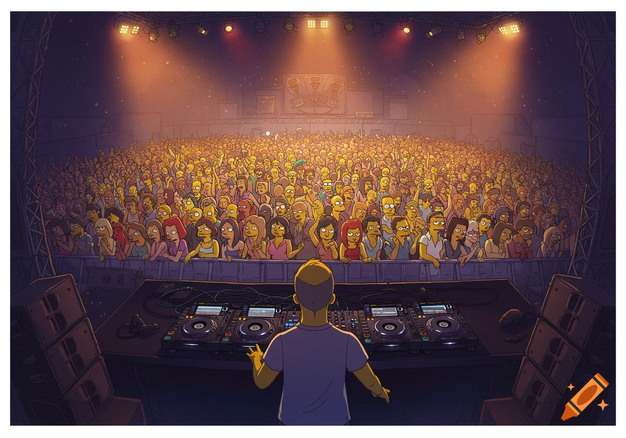 Cartoon image in Simpsons style shows a large crowd at a concert looking up at a DJ playing music.