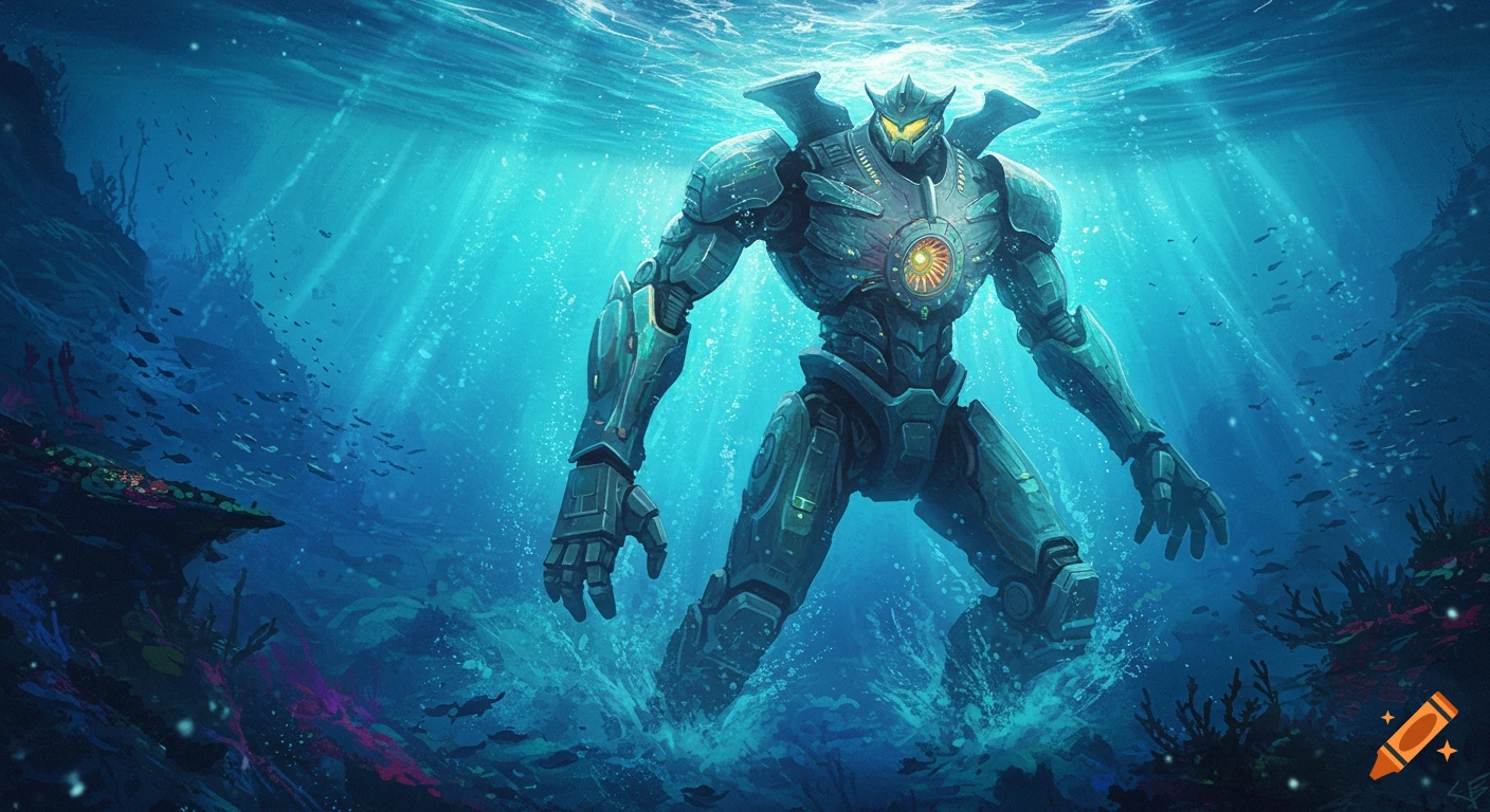 A large robotic figure walks underwater with light filtering through the surface.
