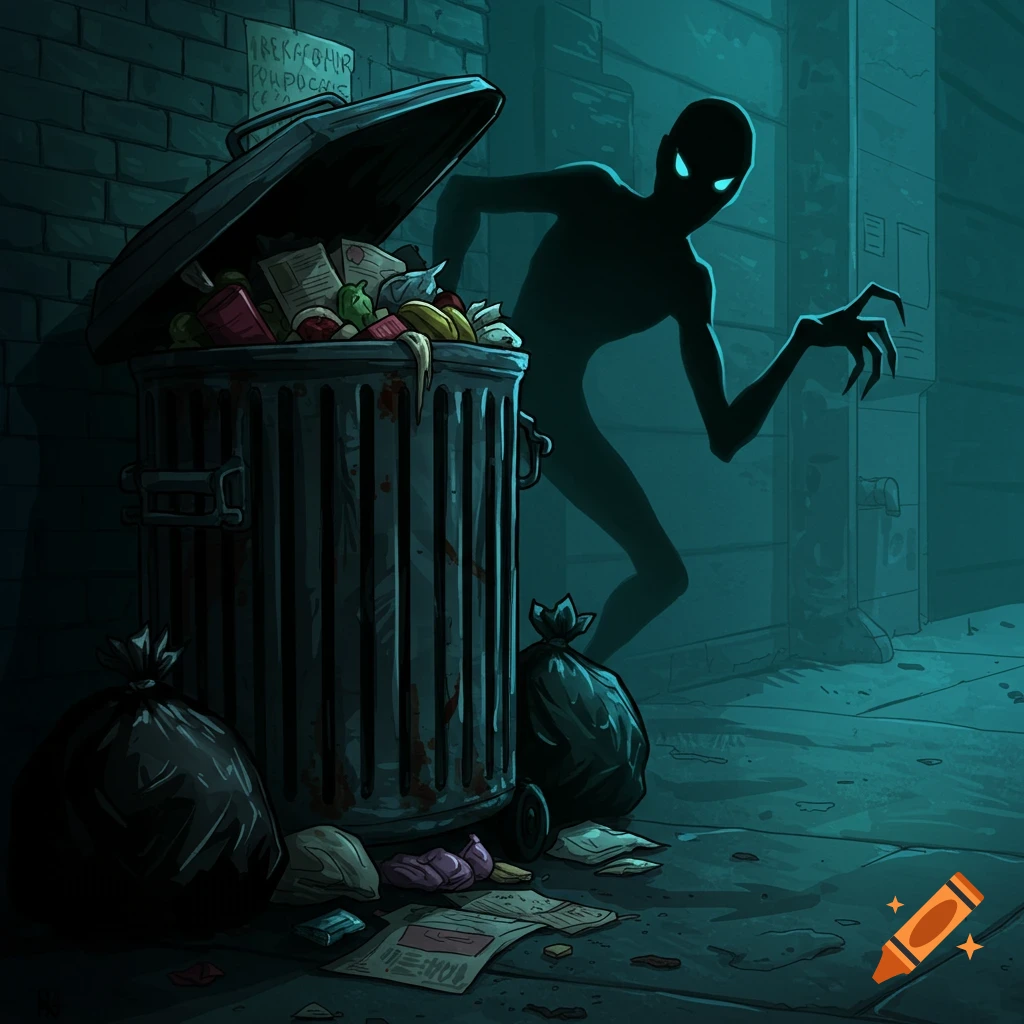 Scary shadow figure emerging from a dirty garbage can in a dark alley.