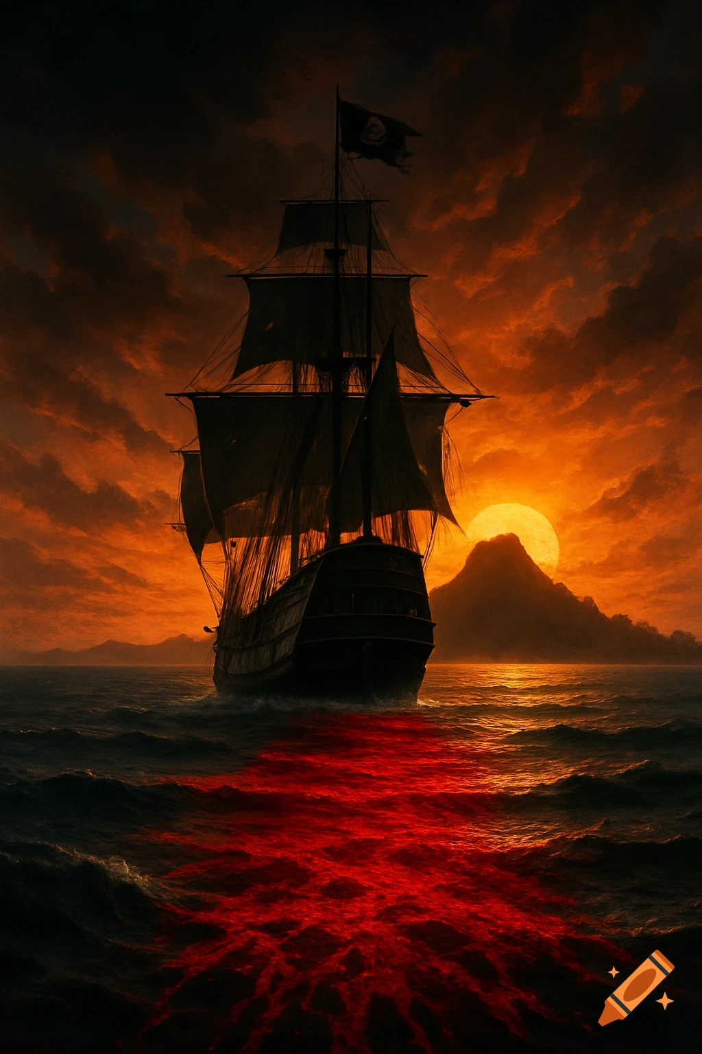 A pirate ship sails into the sunset leaving a trail of red in the water.