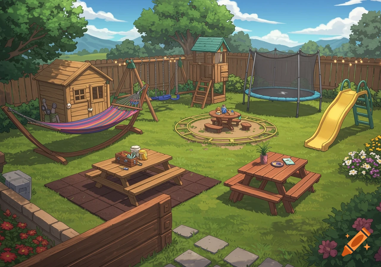 Sunny backyard with a playhouse, hammock, swings, slide, trampoline, picnic tables, and flowers.
