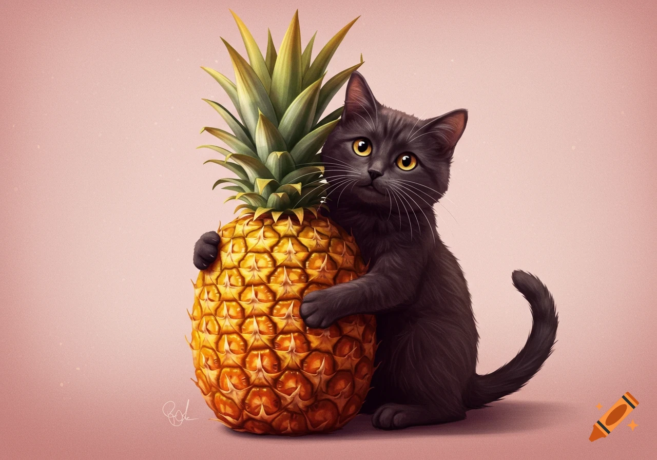 A cute black cat hugging a large pineapple.