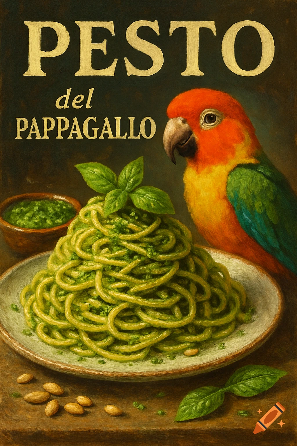 A plate of pesto pasta with basil and almonds, a parrot, and text reading "Pesto del Pappagallo".