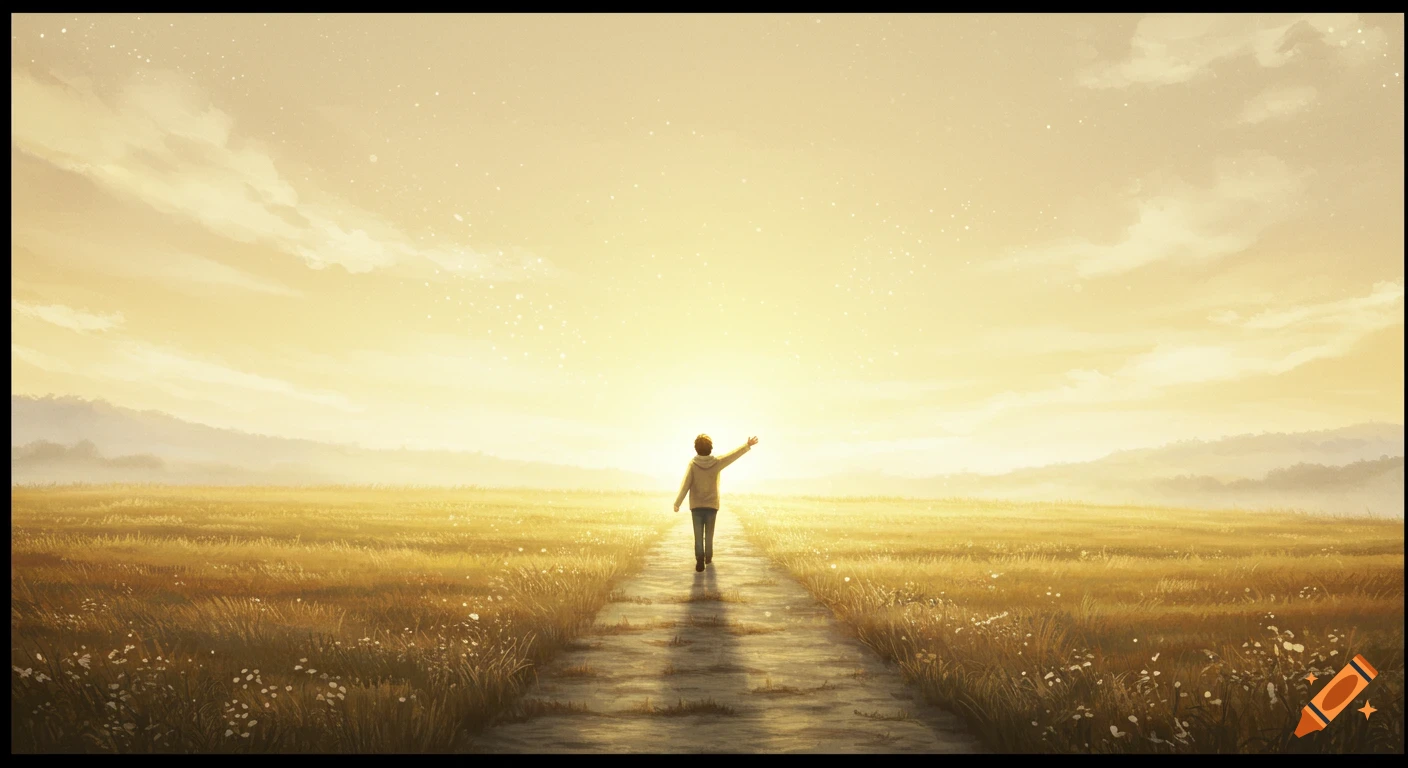 A person walks down a path through a golden field towards a bright sky.
