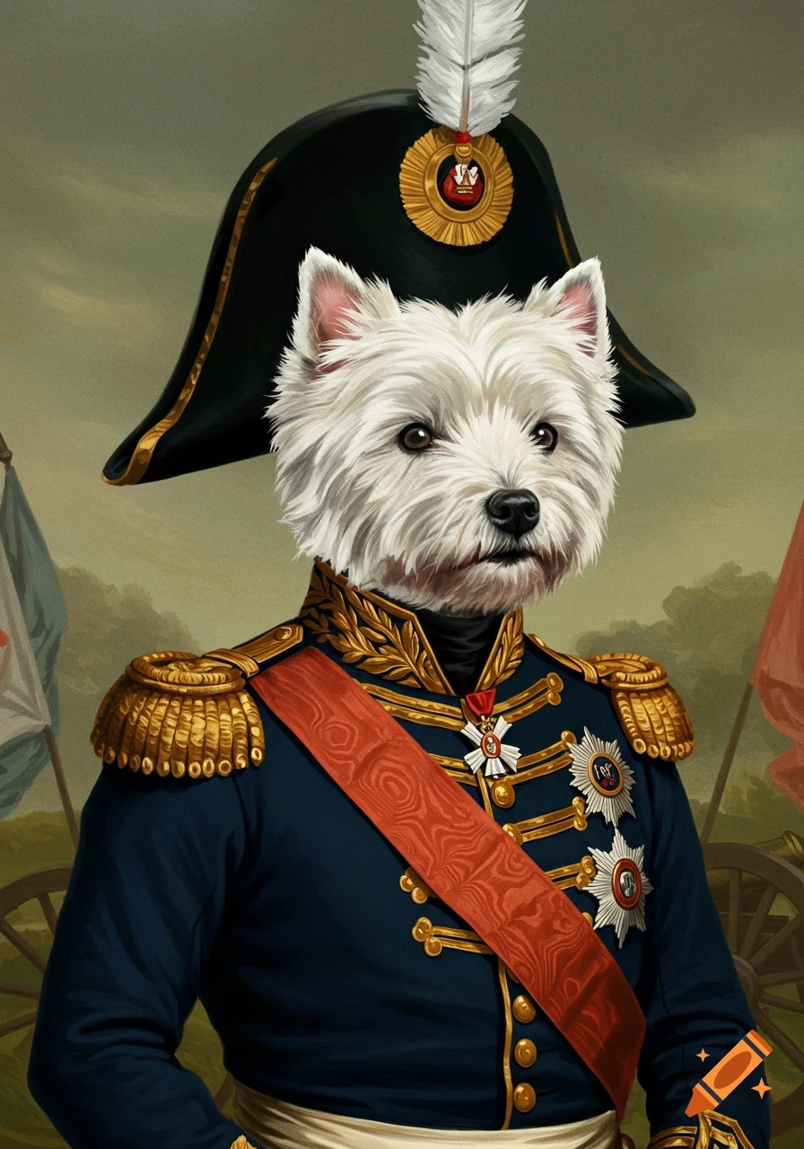 A white terrier dog wearing a general's military uniform.