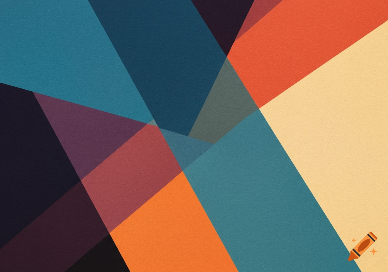 Abstract geometric shapes in shades of blue, orange, yellow, and dark purple.